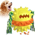 Blue and red squeaky treat-dispensing dog ball toy for large breeds on a plain background.