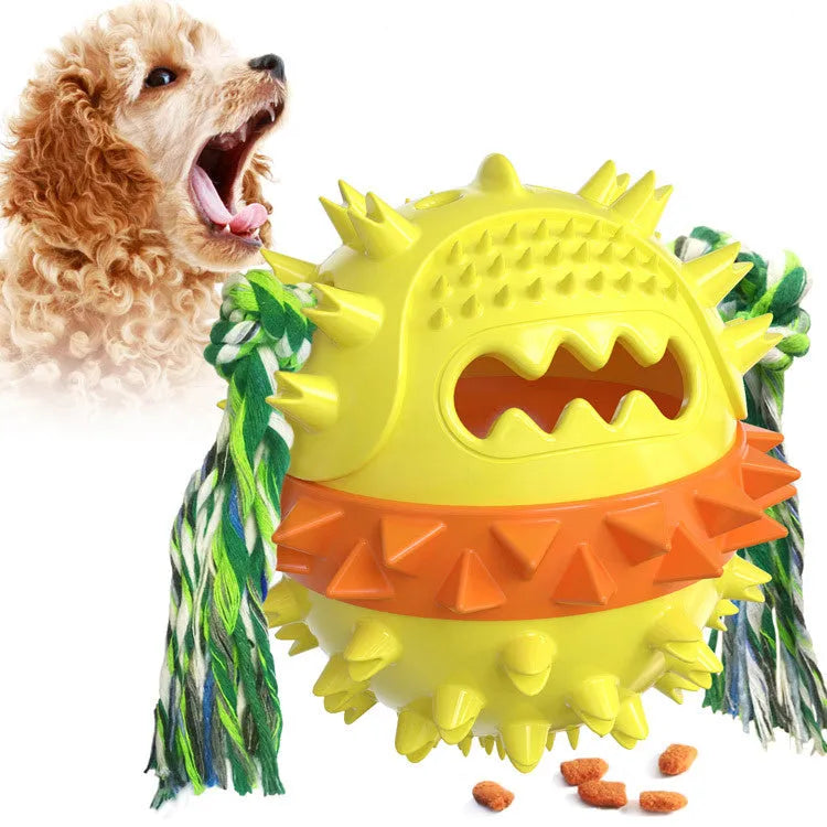 Blue and red squeaky treat-dispensing dog ball toy for large breeds on a plain background.