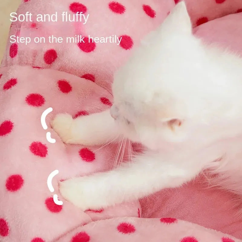 Pink dot pattern fabric cat bed for pets, shown in 45cm and 65cm diameter sizes