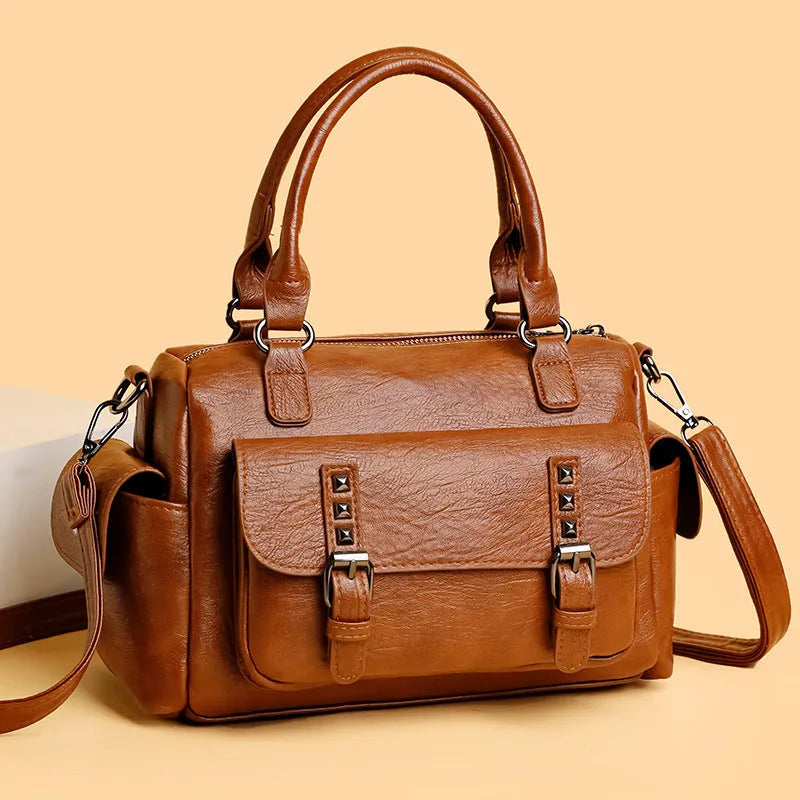Vintage PU messenger bag with horizontal square shape and contrast stitching in multiple colour options