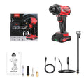 Red and black portable car air pump with wired and wireless operation for tyre inflation