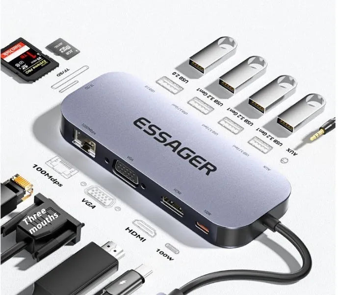 11-in-1 USB-C expansion dock hub with multiple ports and a 20cm black cable.