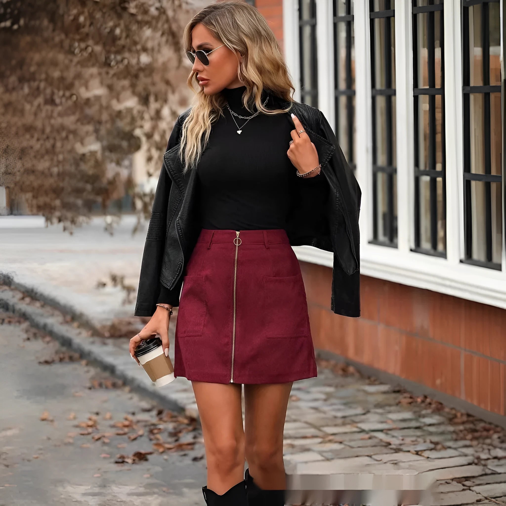 Women's high waist stitching zipper short skirt in polyester available in four colours