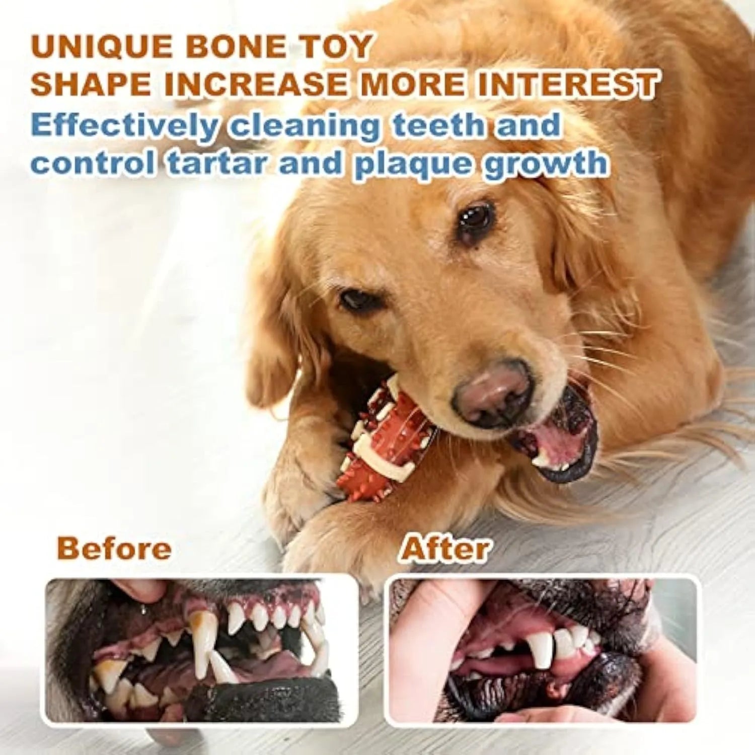 Natural rubber bone-shaped dog teeth grinding toy for dental health and anxiety relief in two sizes