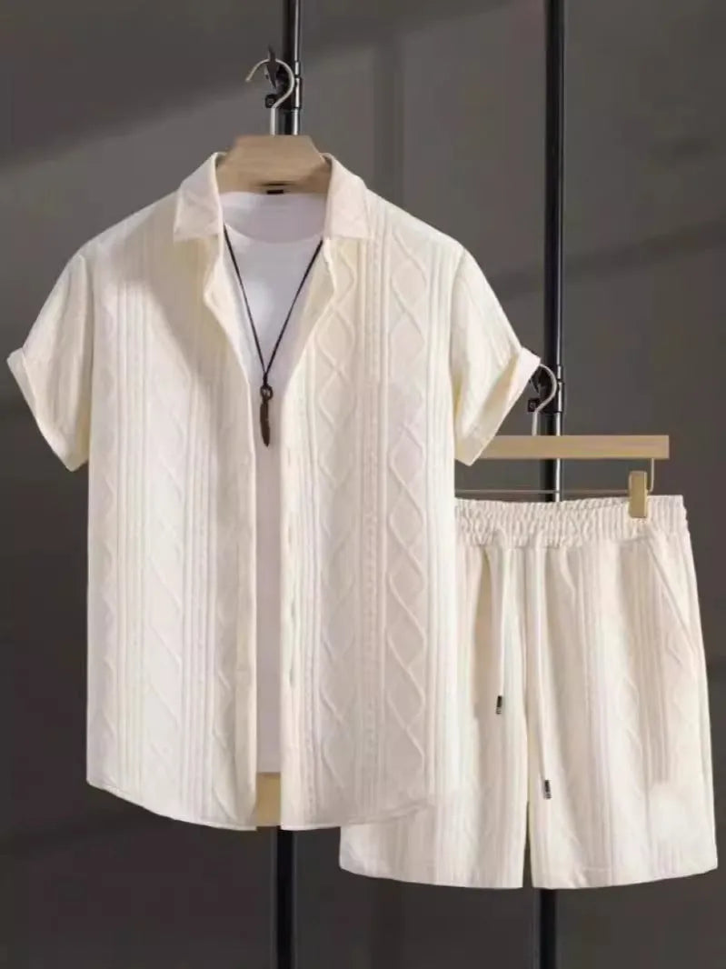 Men's Jacquard polyester blend short sleeve suit with matching shorts in solid colour