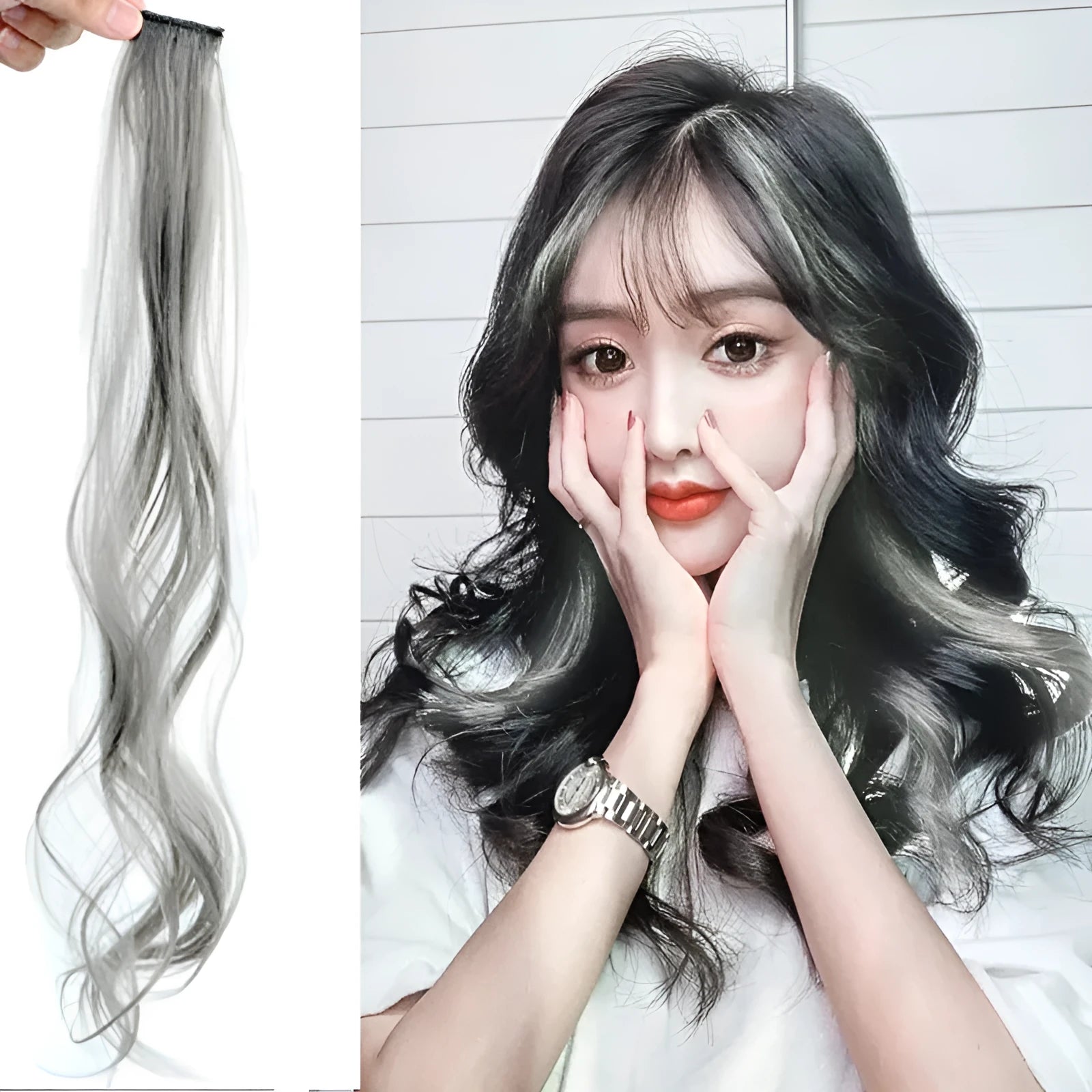 Long curly gradient wig patch in mixed silk material, approximately 60cm, shown in a vibrant colour.