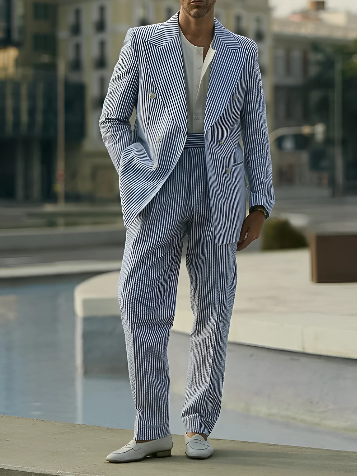 Blue and white striped men's suit set with polyester blazer and trousers on hanger