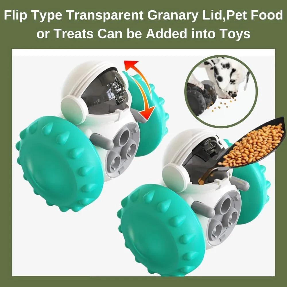 Interactive dog treat dispenser toy with robot appearance roller design for slow feeding