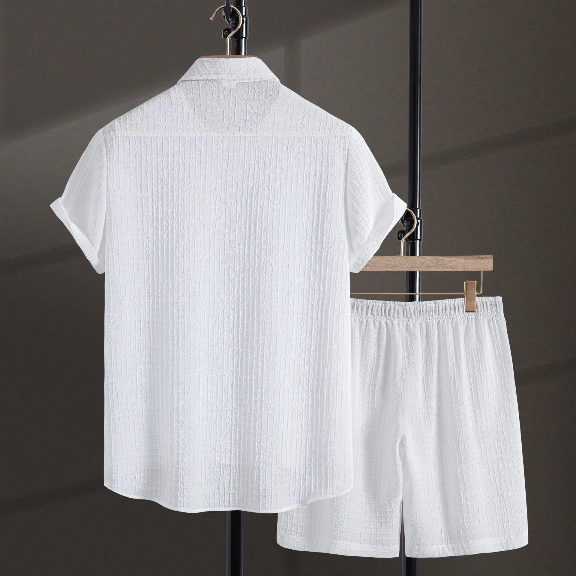 Men's white jacquard cotton blend short sleeve shirt and matching shorts casual two-piece set