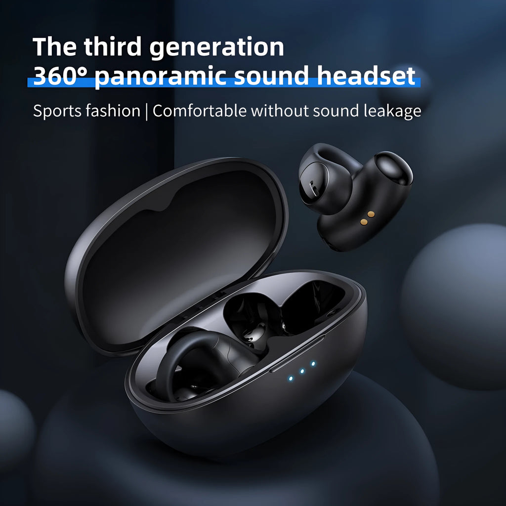 Black T306 wireless clip-on Bluetooth sports headset shown on a grey background.