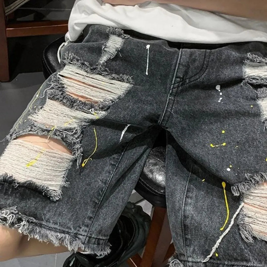 Men's casual water-washed hole denim shorts in loose street style, available in black and light blue colours