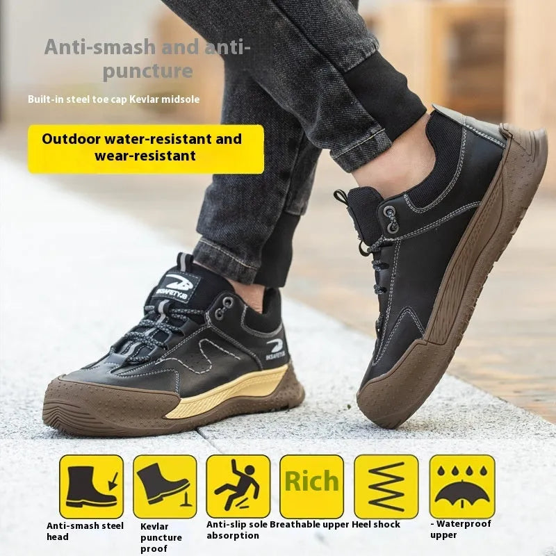 Leather Flyknit safety work shoes with rubber sole shown in black, grey, khaki, and brown colour options.