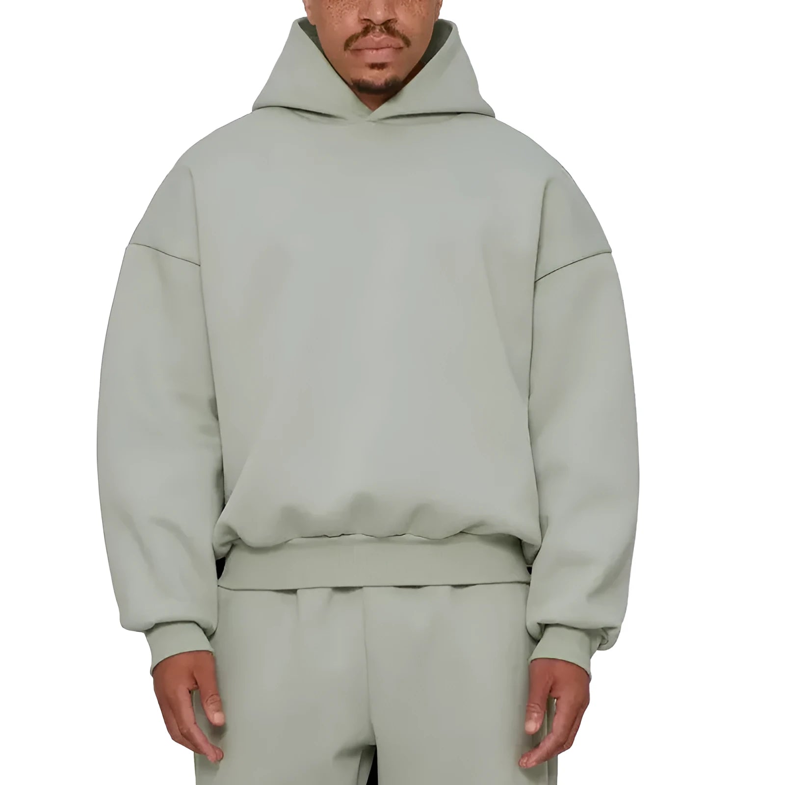 Men's grey fleece-lined cotton hoodie sweater with a wool lining and pullover design.