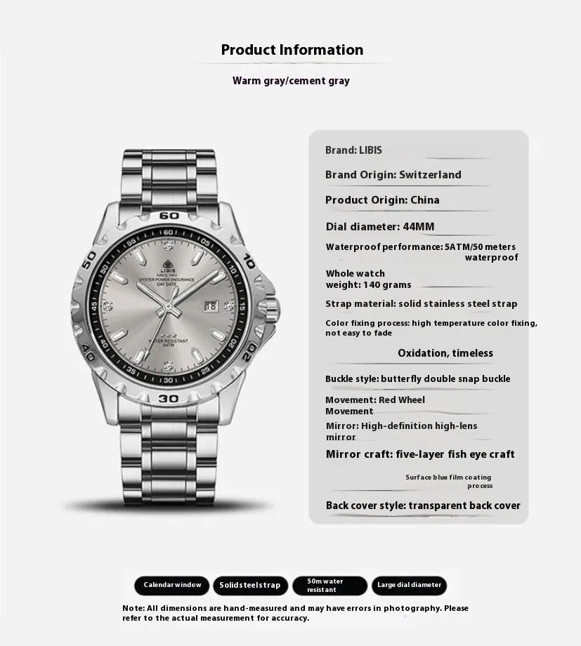 Silver case men's quartz watch with luminous hands and stainless steel bracelet on wrist