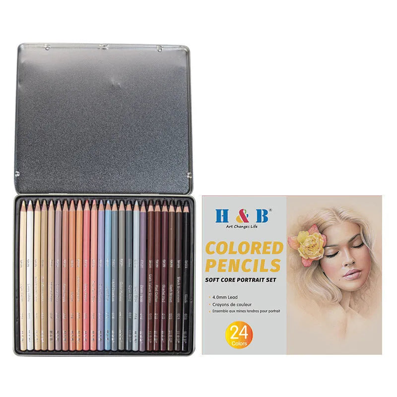 24-colour skin tone portrait pencils in round metal tin case for realistic figure drawing