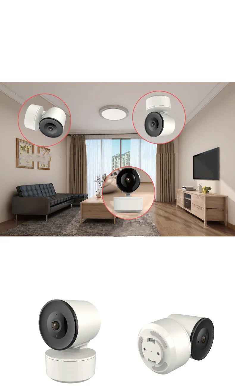Indoor Wi-Fi security camera with pan-tilt capabilities showing 1080p HD resolution and night vision features