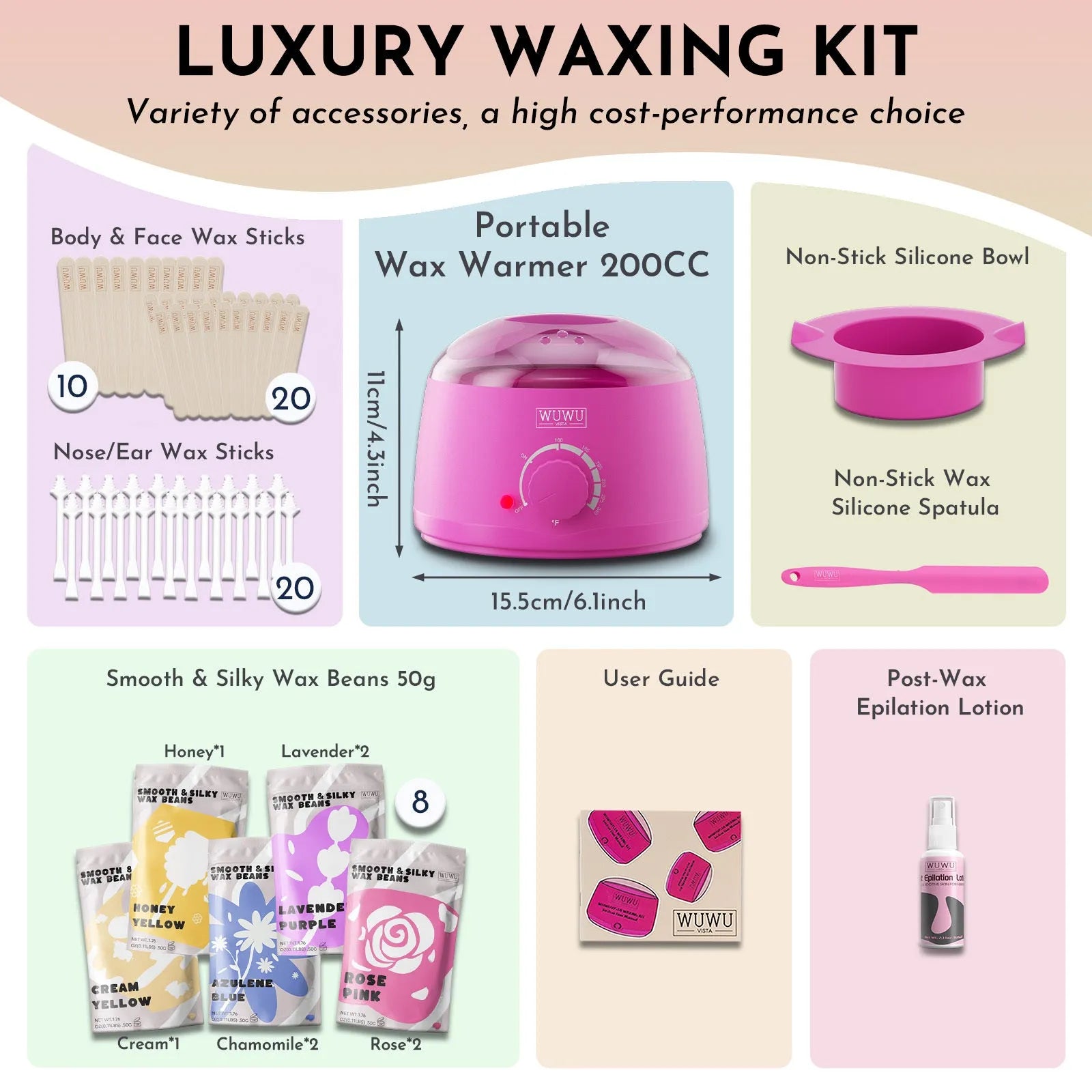 WUWUVISTA 63-piece waxing kit with black wax warmer, wax beads, applicator sticks, and silicone tools