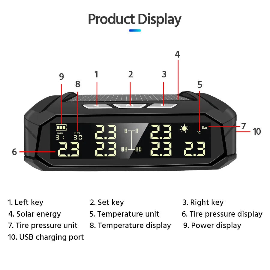 Solar tyre pressure monitor with colour LCD screen and six external sensors for RV and truck use