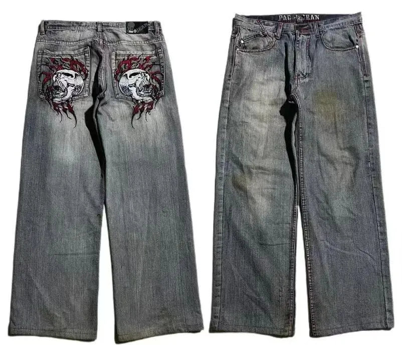 Grey washed-out men's wide-leg straight jeans with a mid-waist and zipper fly.