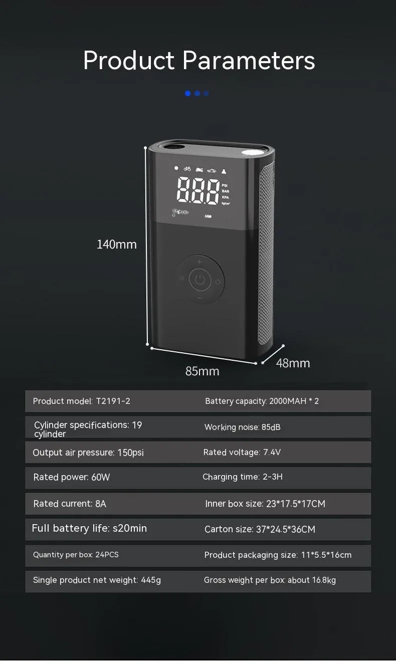 Wireless handheld digital display car air pump with ABS construction and multiple inflation nozzles