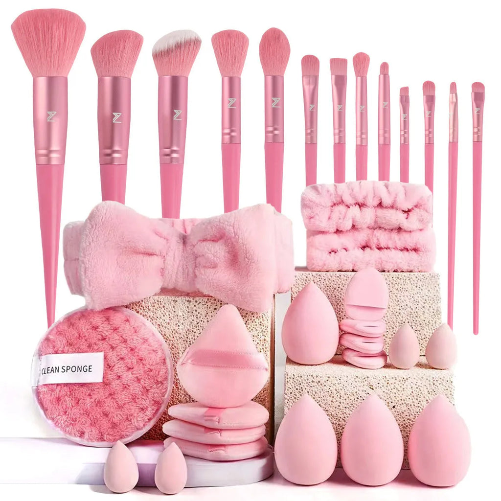 Hydrophilic non-latex beauty tool combination set for makeup and face washing in pink, brown, and purple colours