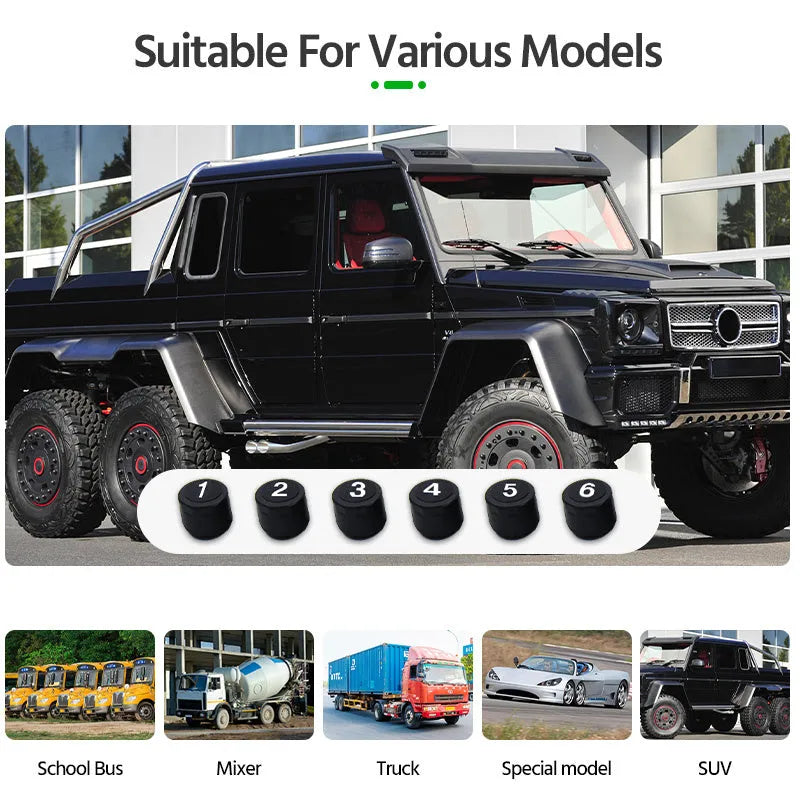 Solar tyre pressure monitor with colour LCD screen and six external sensors for RV and truck use
