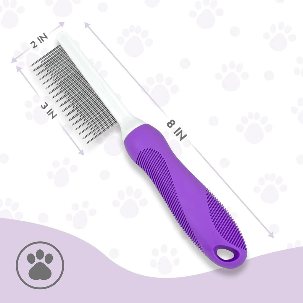 Purple pet detangling comb with stainless steel teeth shown on a dark background