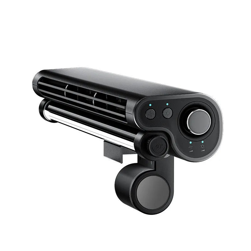 Black bladeless USB fan with clip attached to laptop screen showing lighting lamp function