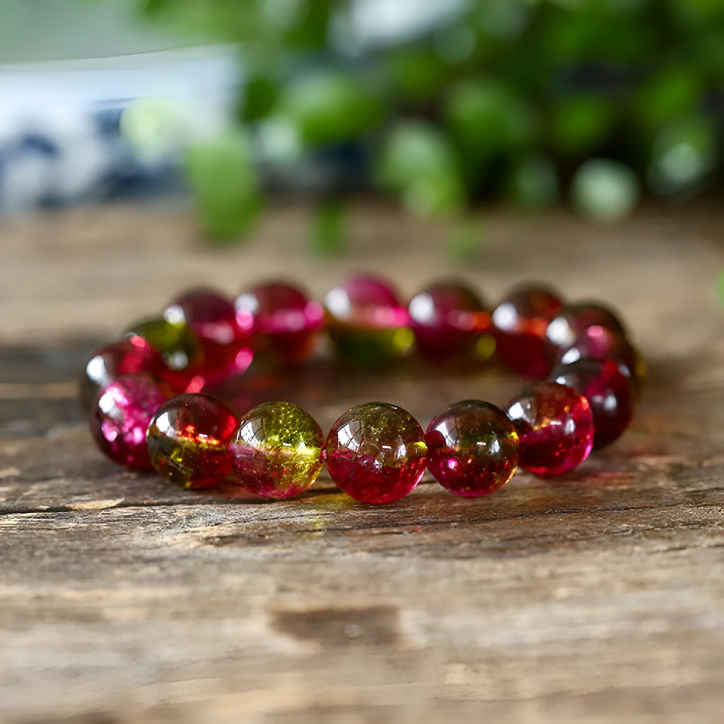 Handcrafted watermelon crystal bracelet showing pastoral design in casual style