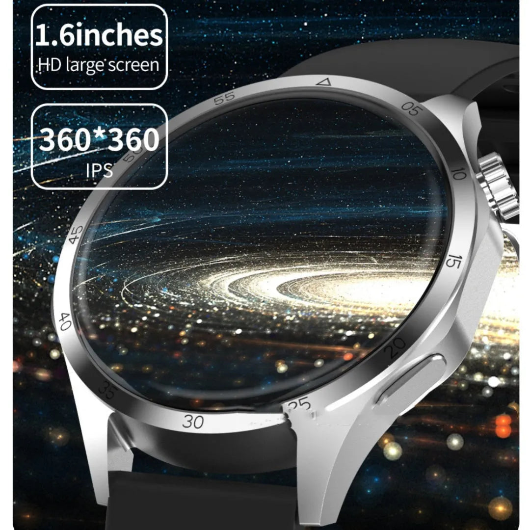 Black smartwatch with Bluetooth calling on wrist, showing health metrics on TFT screen
