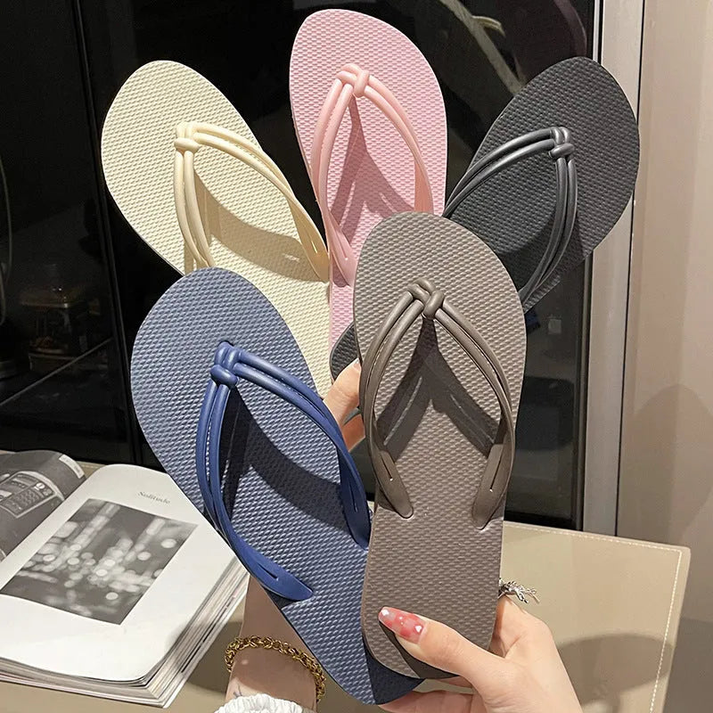 PVC casual flip flops with toe covering design in pink, beige, coffee, dark blue or black-white colours