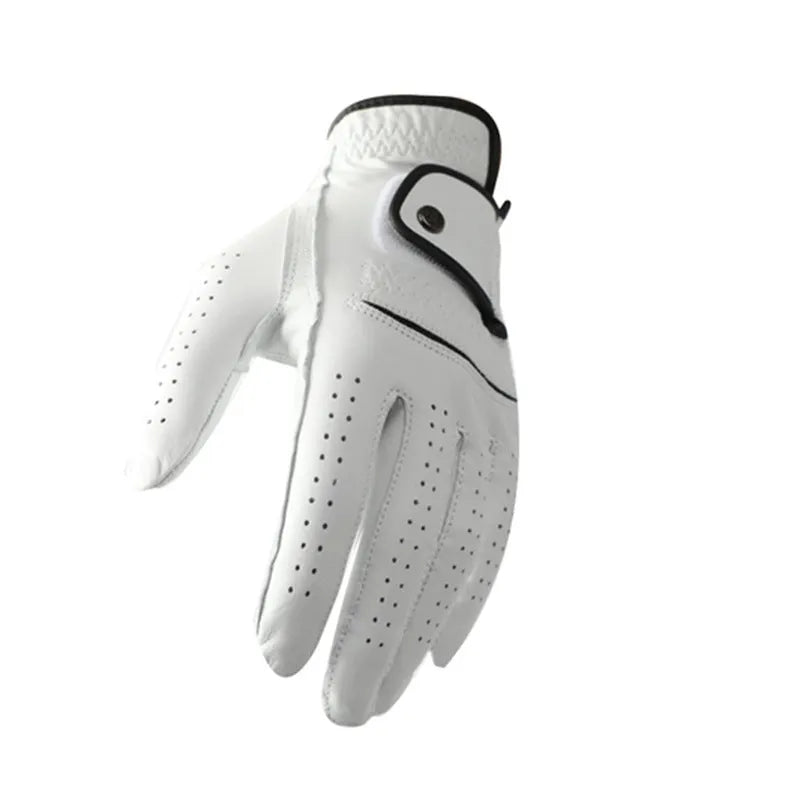 Single white men's golf glove made from breathable half sheepskin leather.