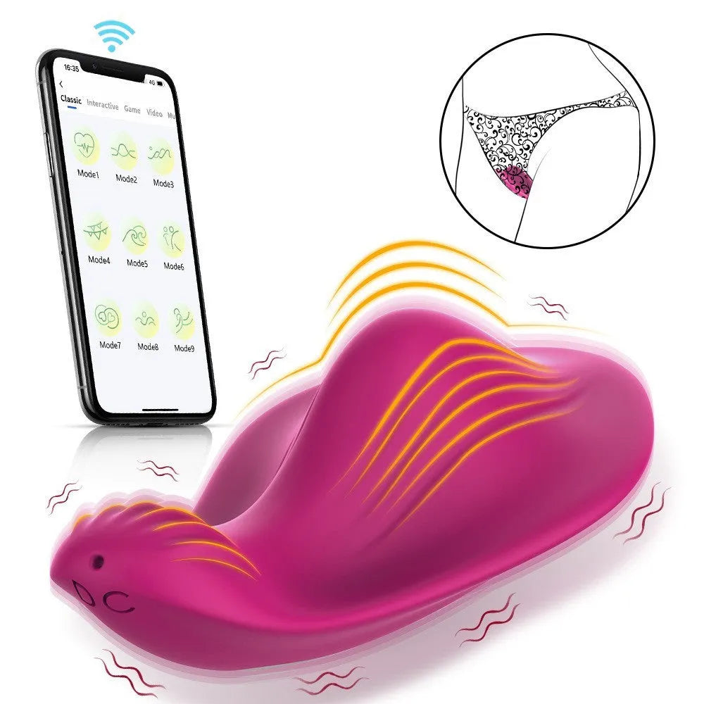 Rose red wearable female massager with butterfly design and USB charging port