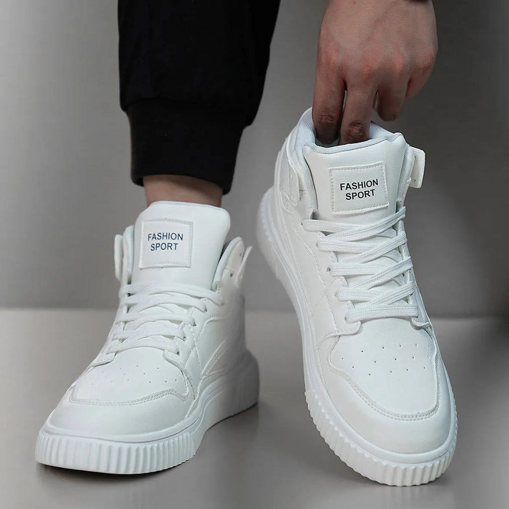 White men's round-toe casual shoes with a microfiber upper on a plain background.
