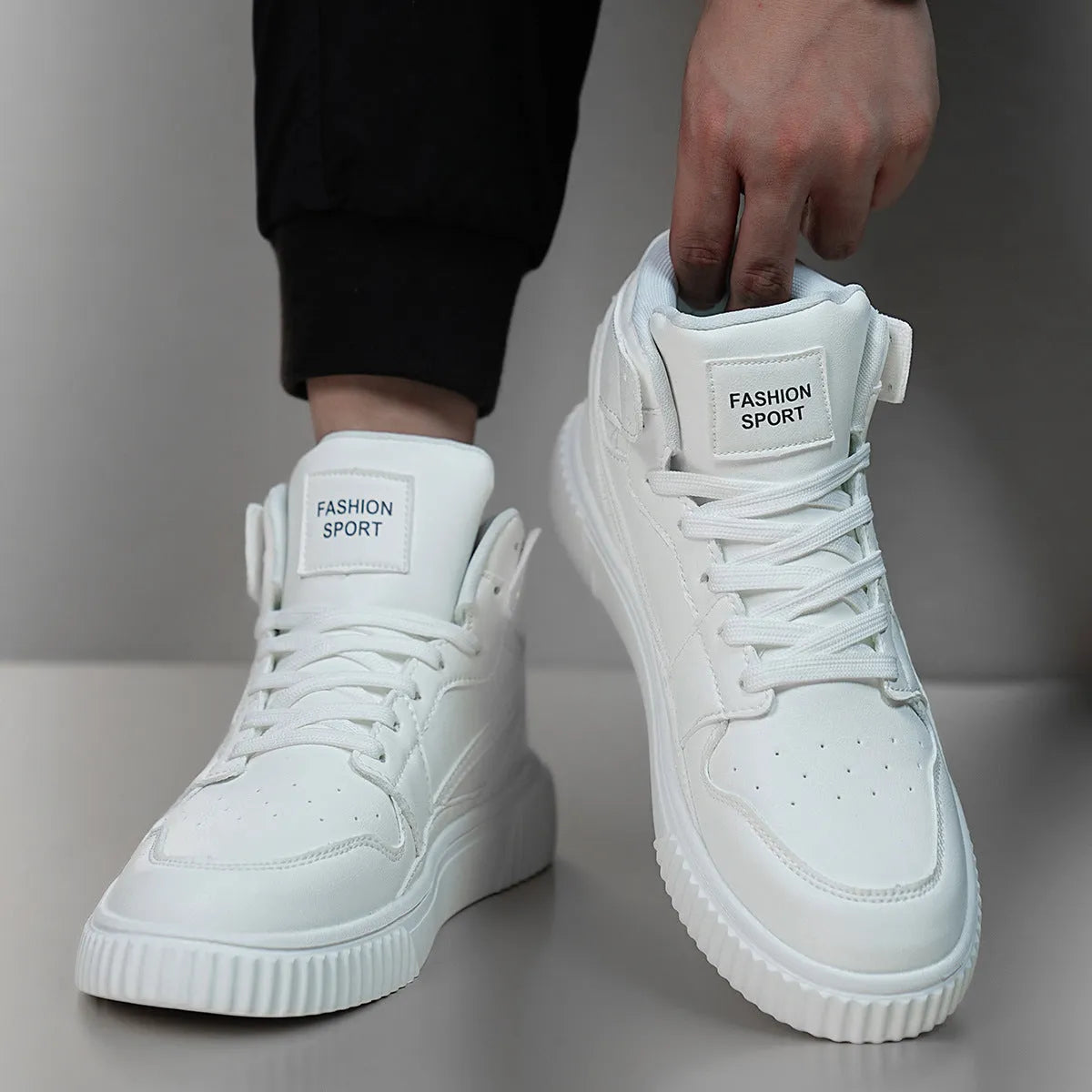 White men's round-toe casual shoes with a microfiber upper on a plain background.
