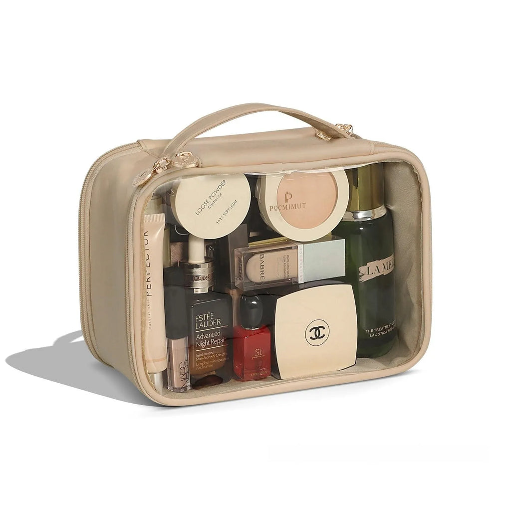 Leather transparent cosmetic bag showing interior compartments with waterproof PVC construction