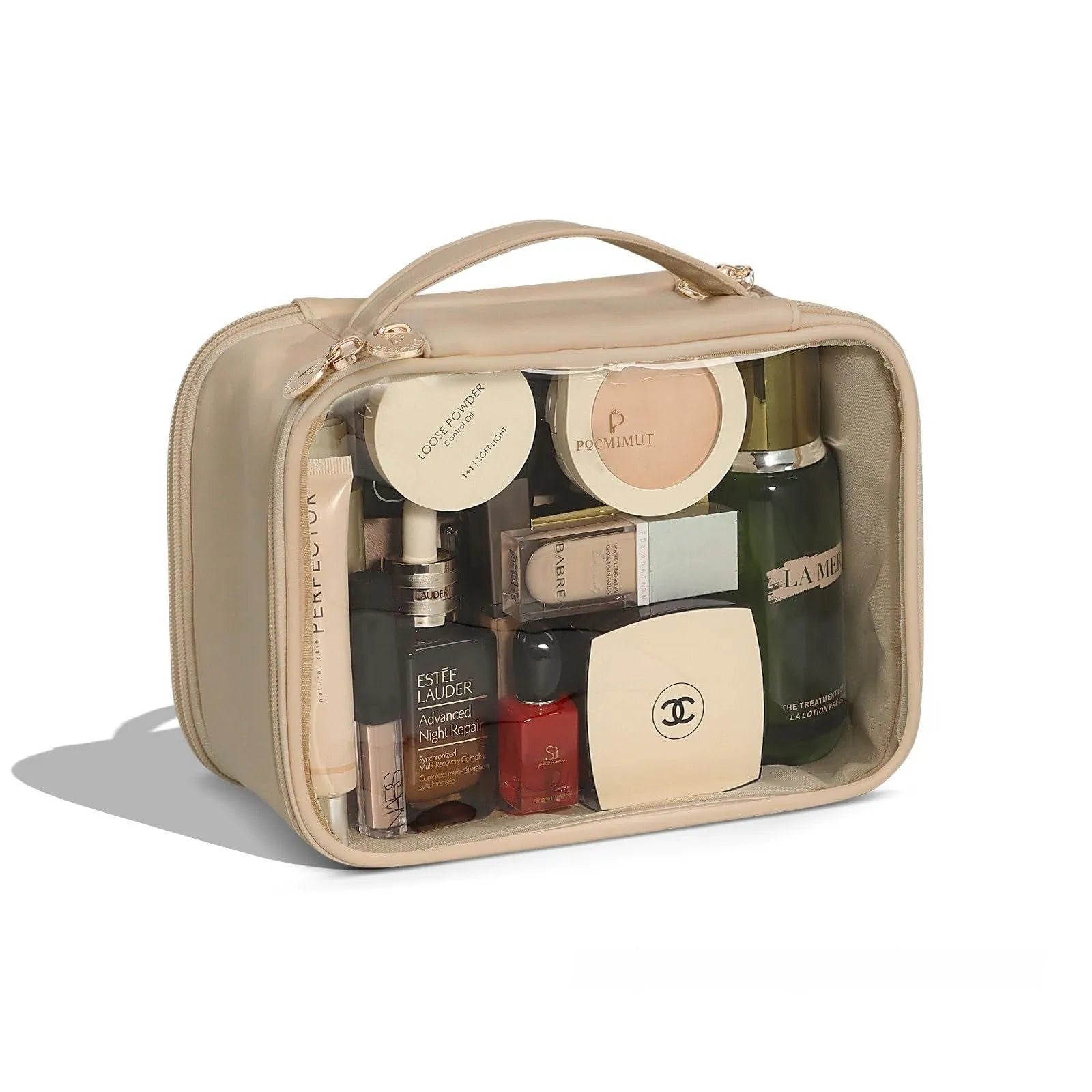 Leather transparent cosmetic bag showing interior compartments with waterproof PVC construction