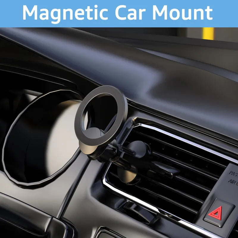Black magnetic car air vent phone holder with O-ring clip for mobile phones up to 6.8 inches.