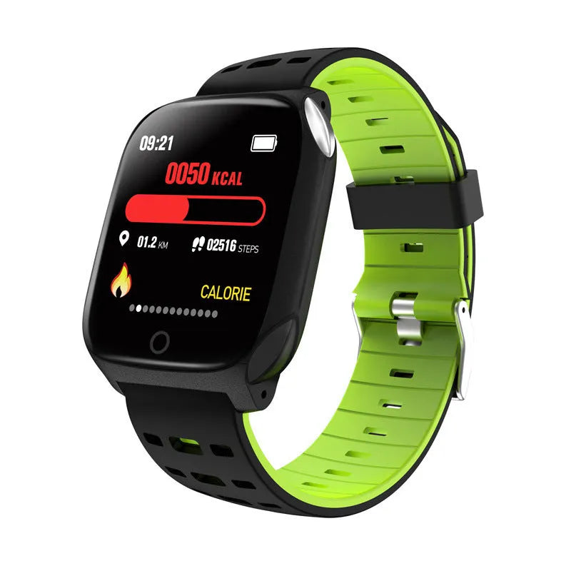 F16 Smart Watch with ECG blood pressure monitor and heart rate tracker showing black silicone strap and 43mm IPS display
