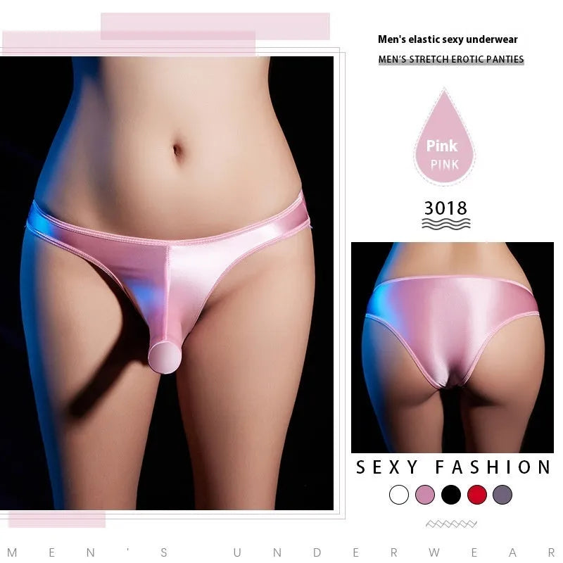 Men's shiny nylon low waist T-back underwear in black, white, red, pink and dark grey colors