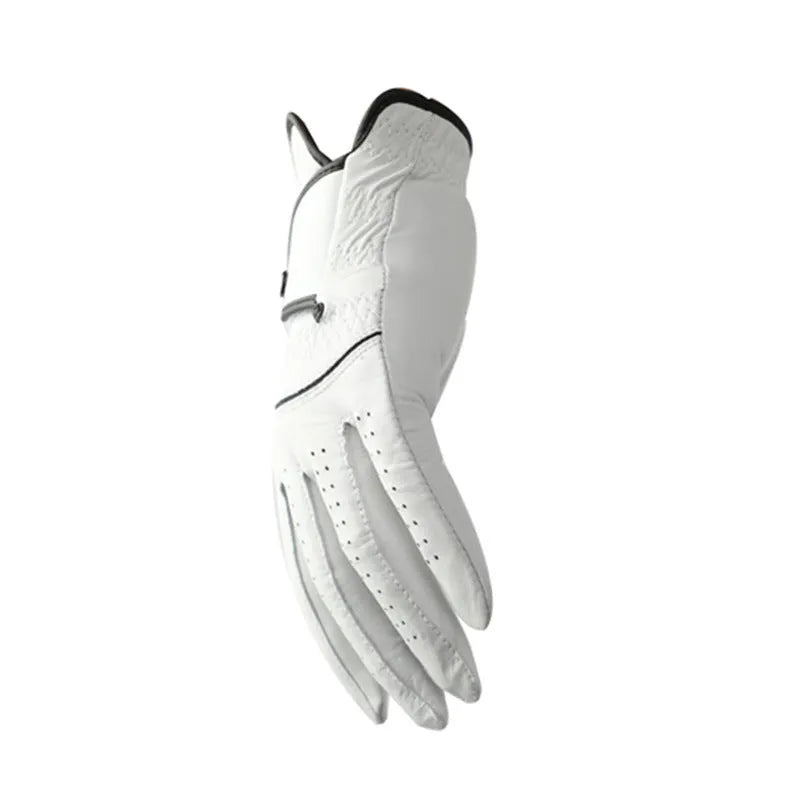 Single white men's golf glove made from breathable half sheepskin leather.
