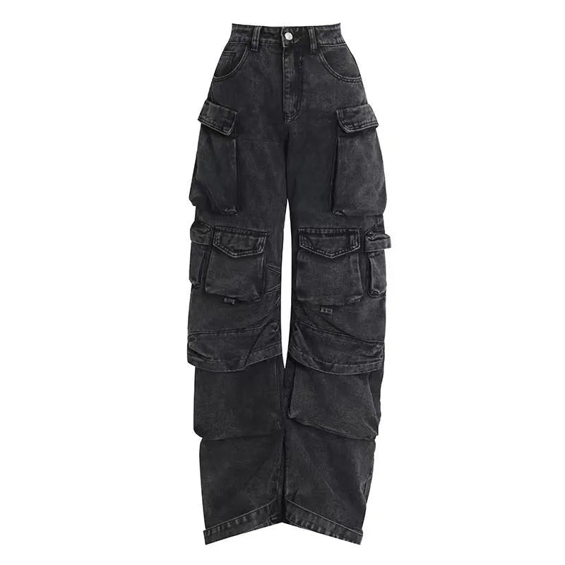 Blue and black tie-dyed women's high-waist wide-leg jeans with multiple pockets.