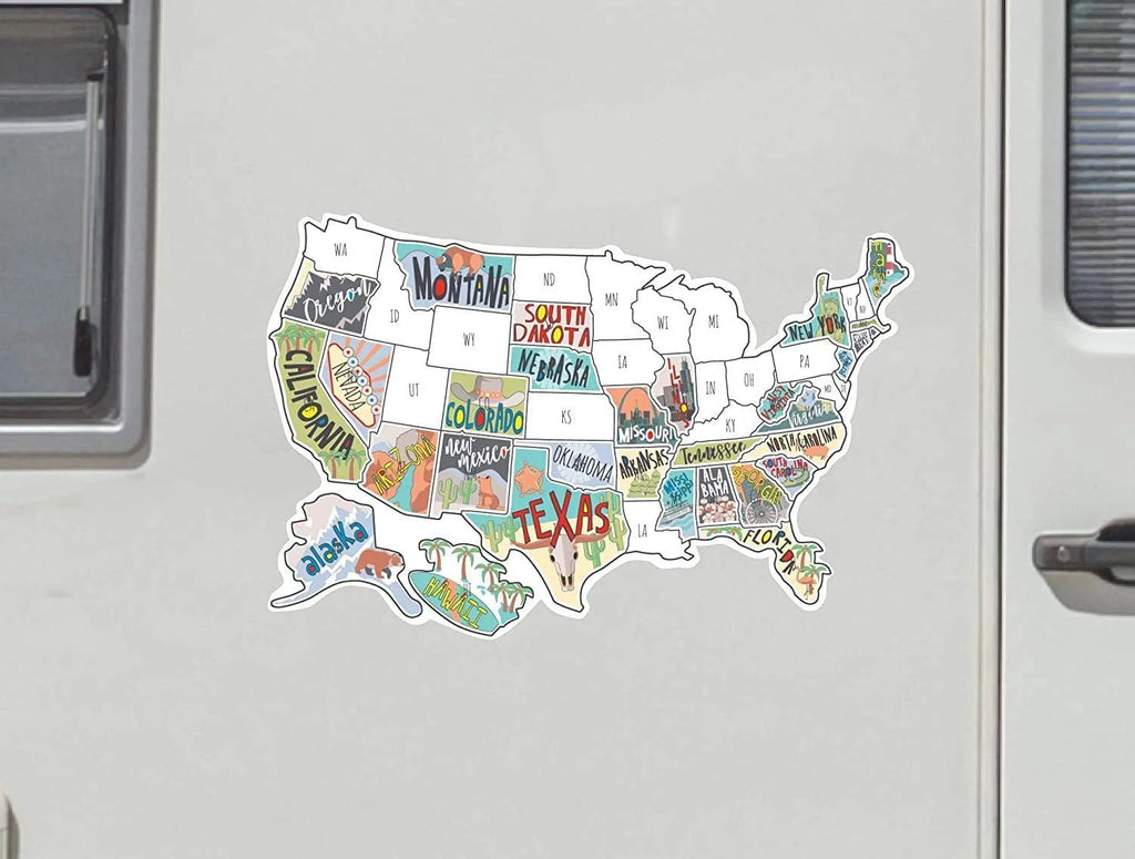 Travel-themed car body sticker set with adhesive letters and map design for vehicle personalisation
