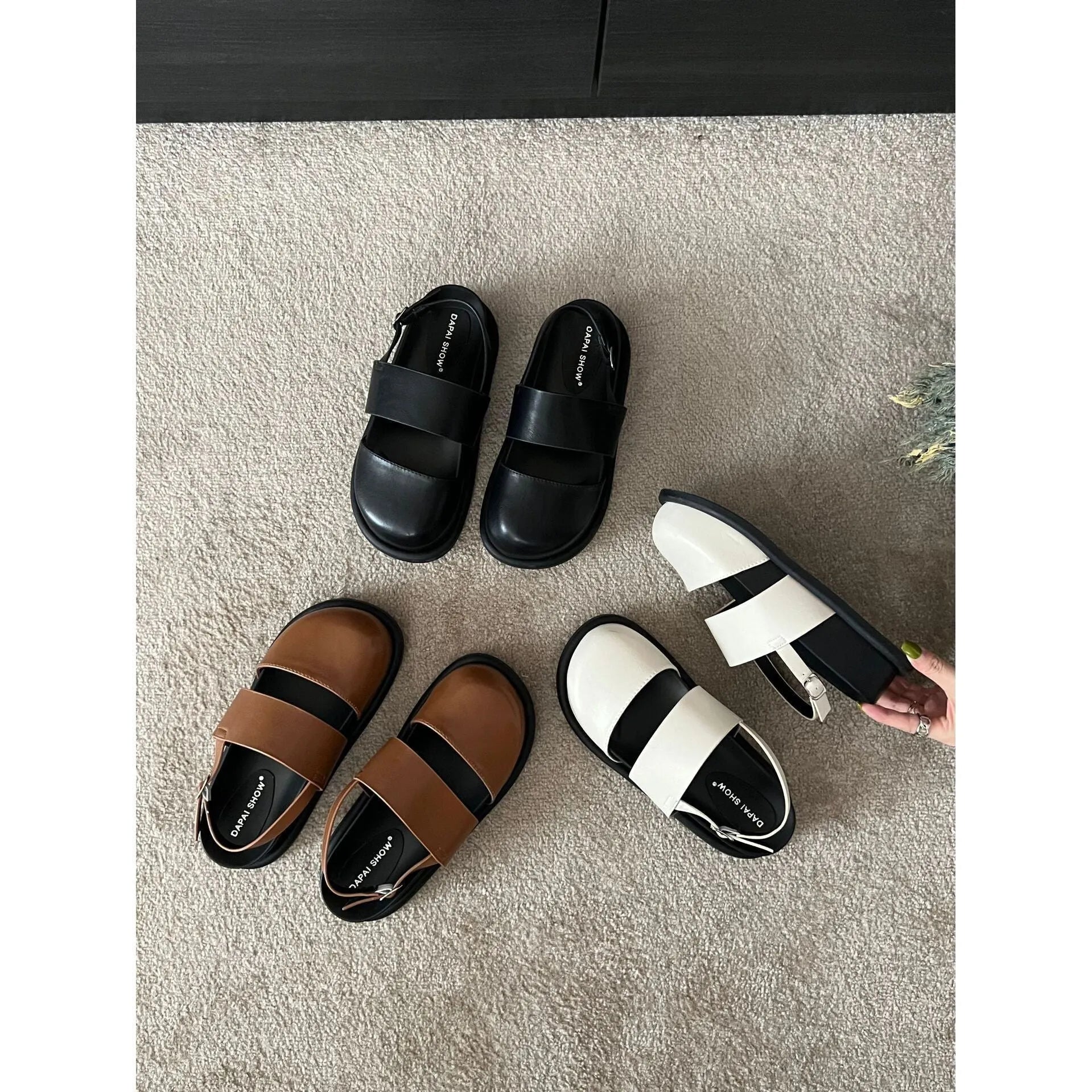 Retro raised bottom sandals with closed toe and ankle strap buckle in apricot colour