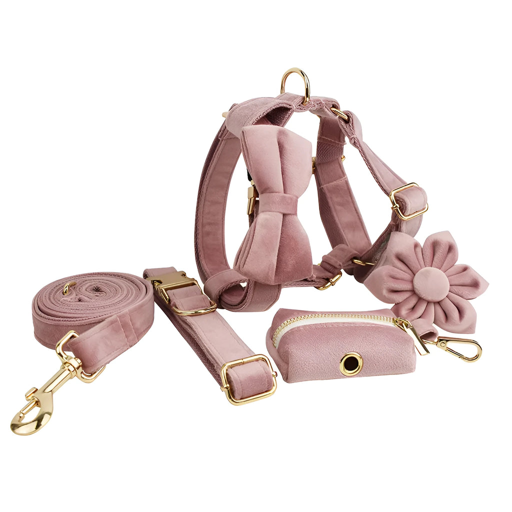 Light purple pink velvet dog collar set with matching leash and bowknot accessory