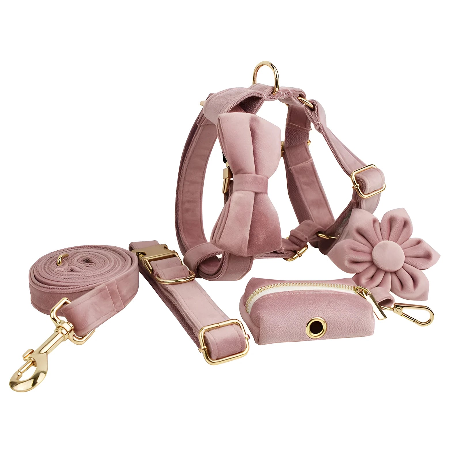 Light purple pink velvet dog collar set with matching leash and bowknot accessory