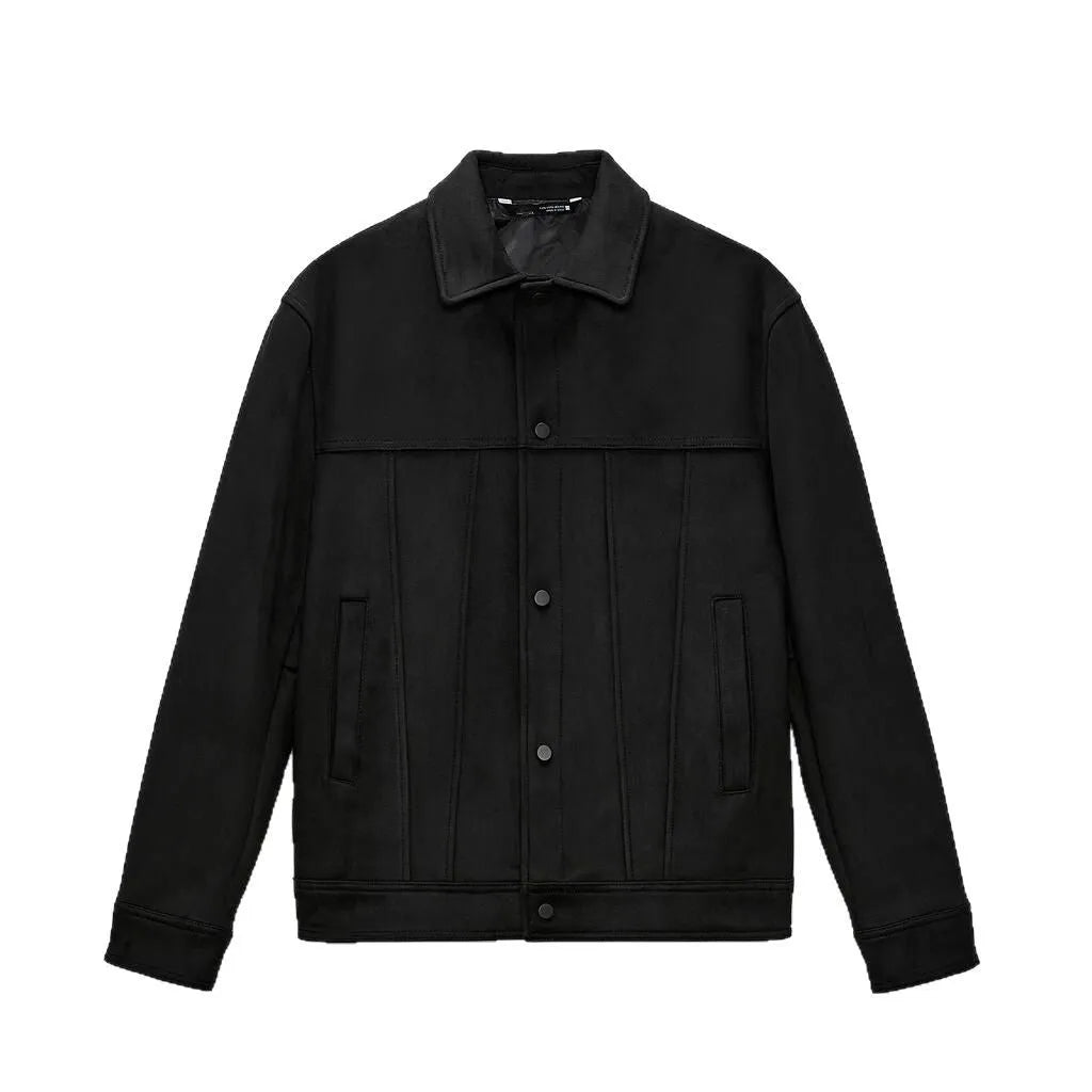Men's black hooded jacket with suede collar, side pockets, and straight hem design for spring casual wear