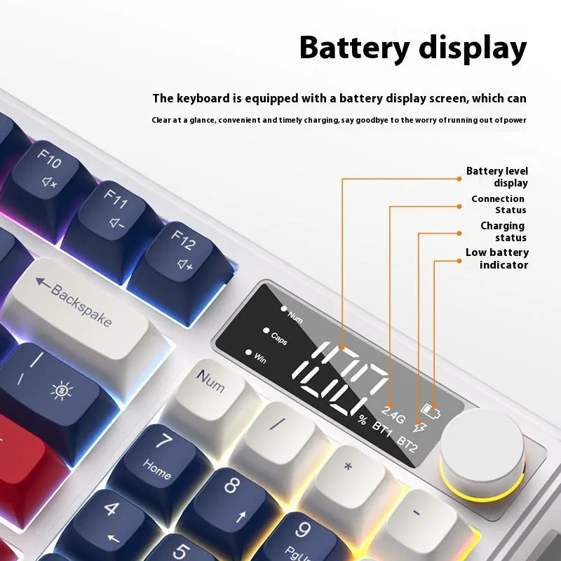 Wireless mechanical feel keyboard and mouse combo in blue white colour scheme showing 94-key layout