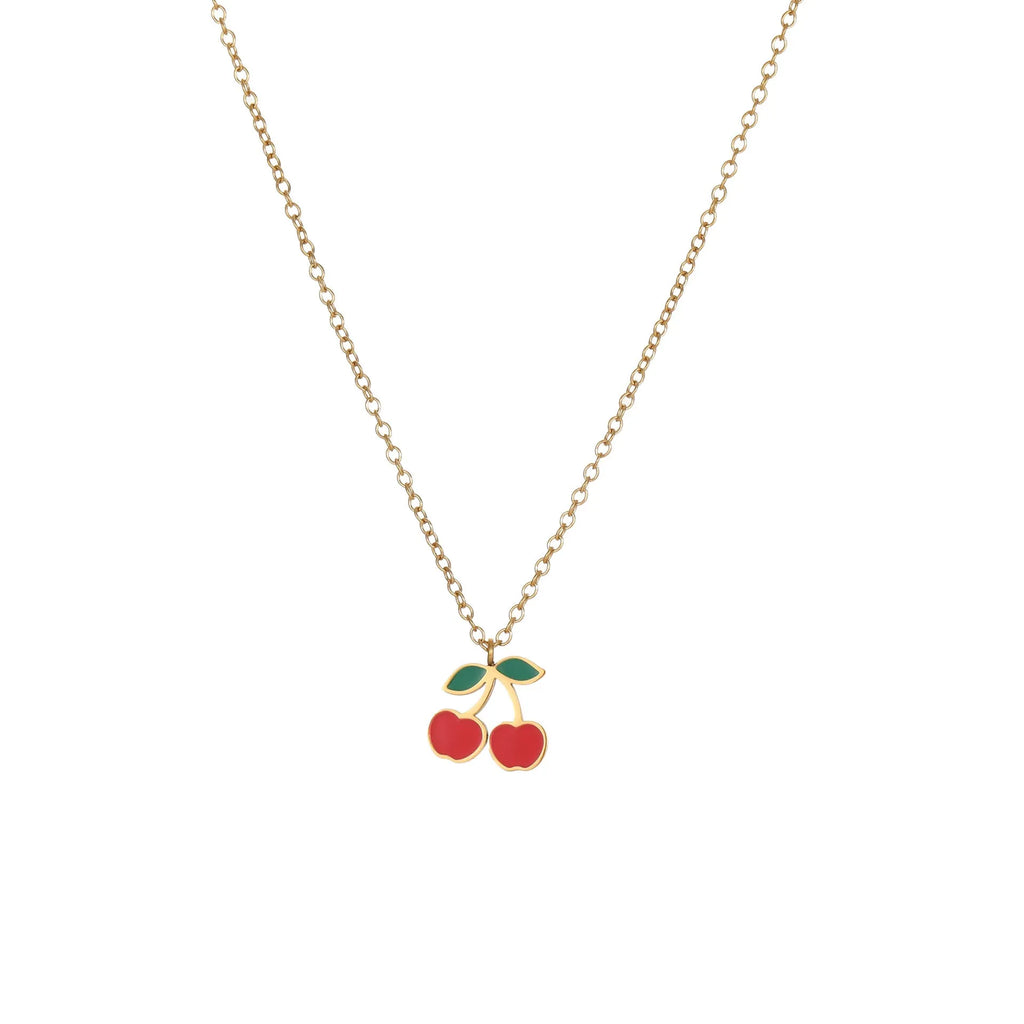 Cherry charm jewellery set showing necklace, bracelet, earrings, and ring in 18K gold plated stainless steel