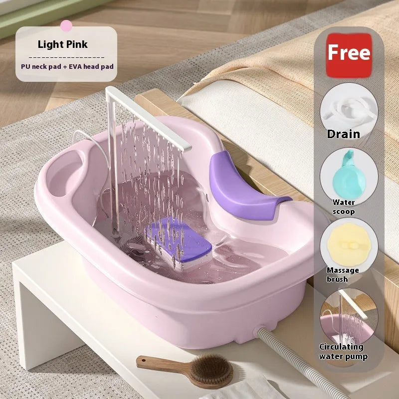Portable shampoo basin with head pillow, water pump, and drainage pipe for bed hair washing